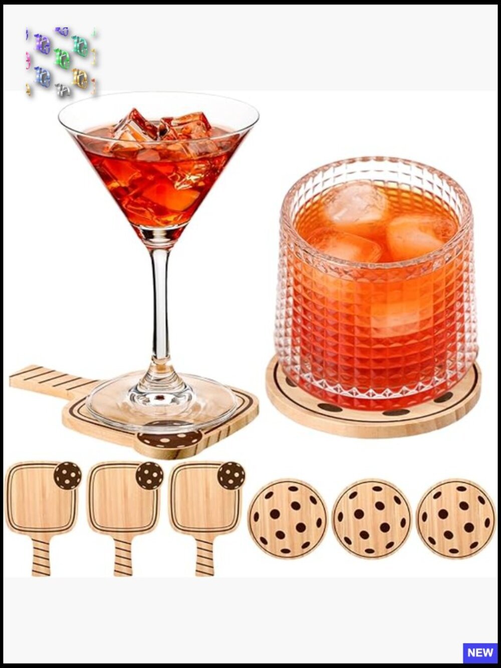 6 Pack Wooden Drink Coasters Set Paddle Ball Shape Funny Gift for Sports Lovers - Picture 1 of 7